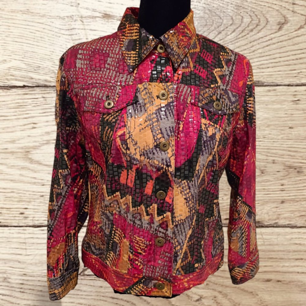 Ruby Red Splashy Button-Front Jacket Sz 6 - image 1